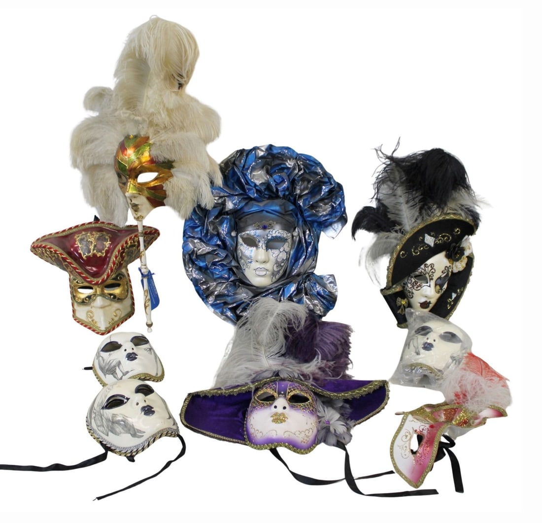 Lot Of 10 Assorted Venetian Hand Painted Masks.: 10 hand painted Venetian masks in assorted sizes from original designs created in Venice for the characters of Cohhedia Del Arte during late 17th century. They have been designed and decorated followi