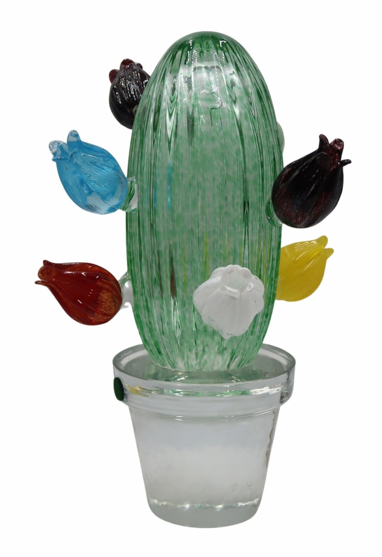 1990s Marta Marzotto Murano Glass Cactus Planter.: Italian Modern Design by Marta Marzotto, realized by Formia, cactus in light pea green color with flora in a variety of colors, planted in crystal clear Murano Glass pots. Signed and numbered to the u
