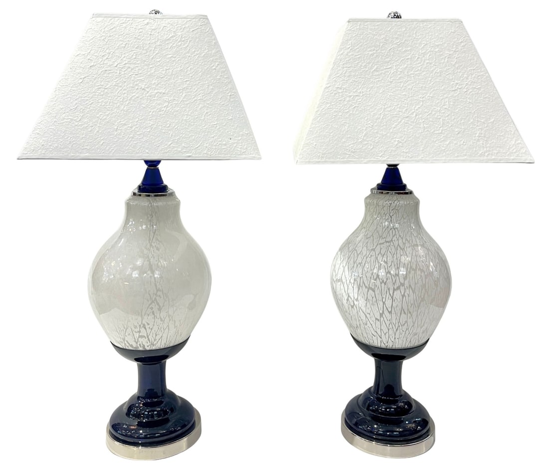 1990s Pair of White and Blue Murano Glass Lamps. (1 of 9)