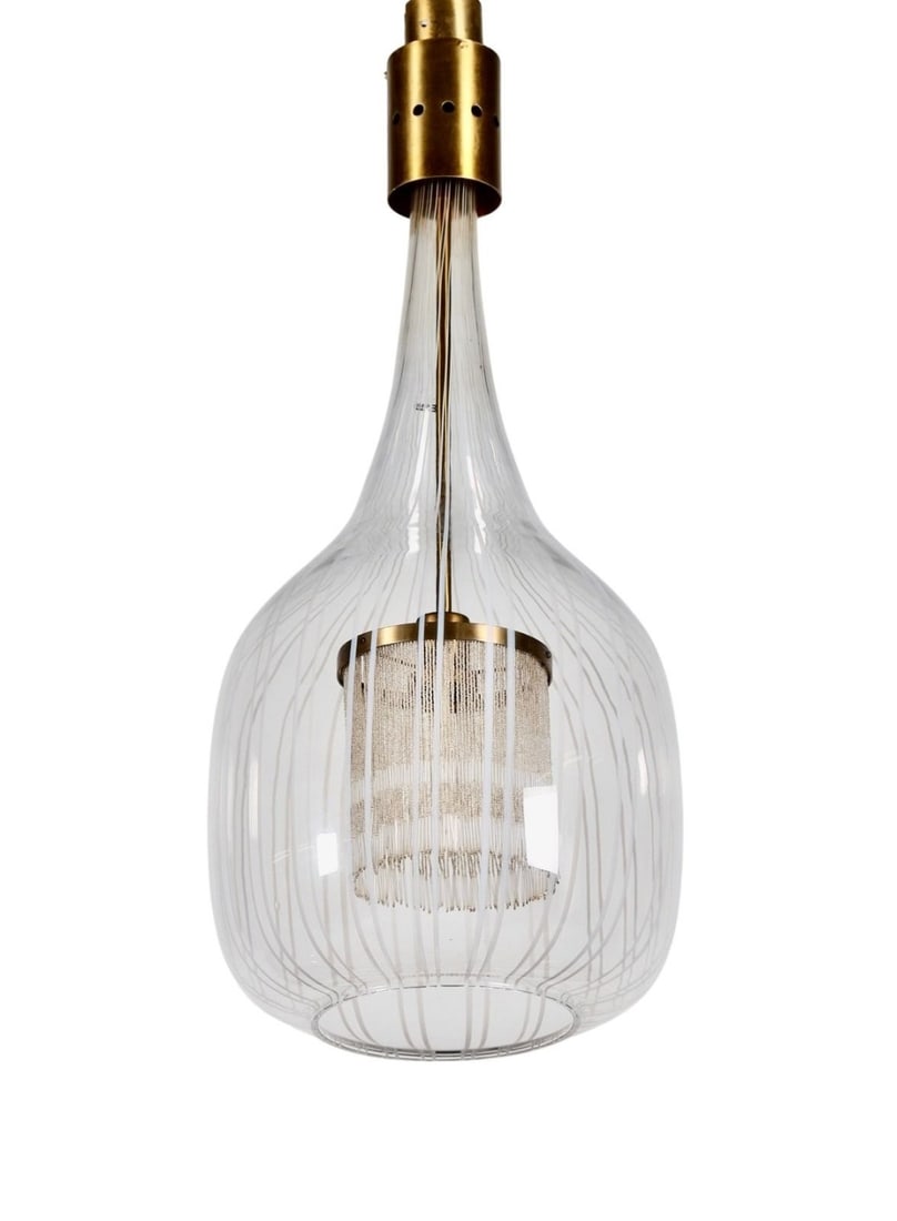 1970s Italian Suspension Pendant Lamp By Designer: Angelo Brotto For Esperia. A unique and elegant pendant chandelier designed by Angelo Brotto (1914–2002) for Esperia, crafted in blown Murano glass. The lantern-shaped glass shade is articulated