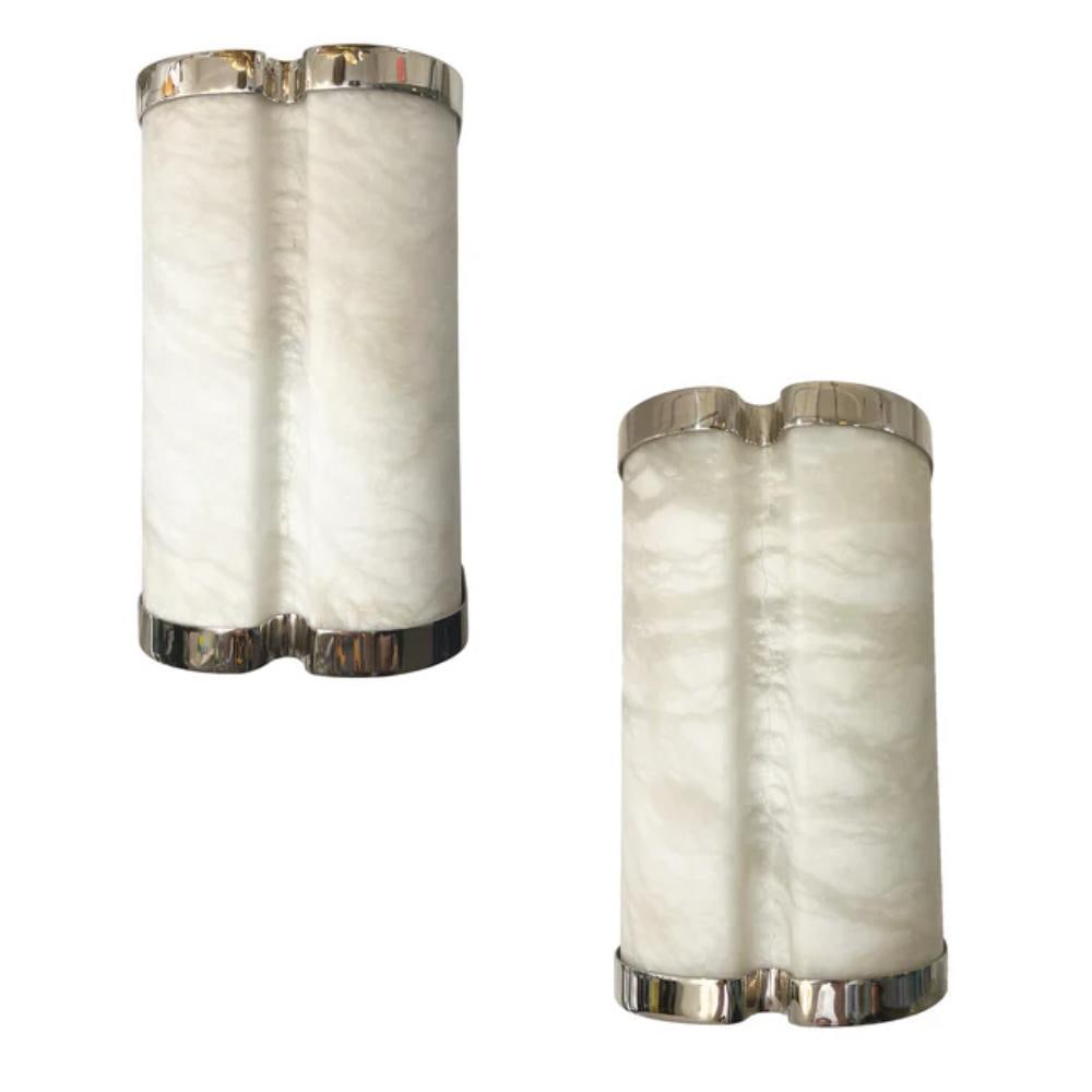Pair of Bespoke Italian Alabaster & Nickel Curved: Sconces. This exclusive contemporary organic design created for Cosulich Interiors and Antiques has a unique modern sinuous shape, difficult to create in the stone, that shows high-quality craftsmansh