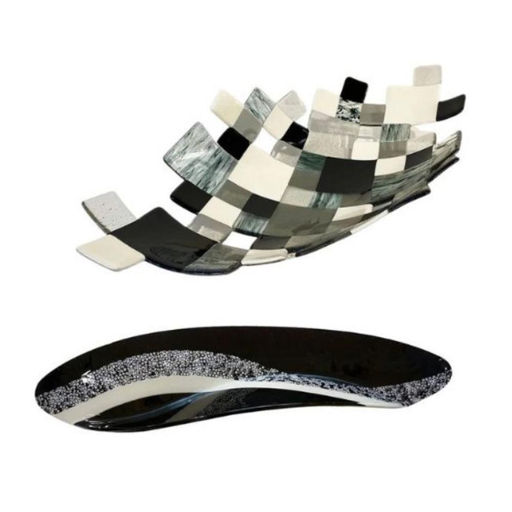 (2) Paolo Birello Italian Art Glass Bowls.: Includes a Contemporary Italian Black and White Murano Art Glass Mosaic Curved Centerpiece. A work of Art in Murano glass, long centerpiece of organic modern wave design with sinuous lines: high quali