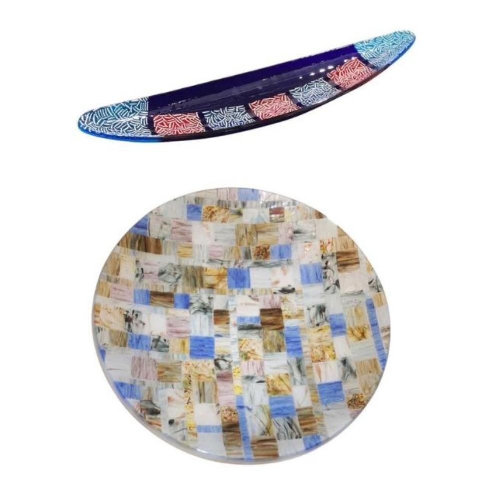(2) Italian Art Glass Centerpiece Bowls.: Includes a Contemporary Italian Blue Pink Yellow Copper Murano Art Glass Mosaic Centerpiece. Contemporary modern Murano Art Glass dish sculpture, a decorative centrepiece realized as a colorful Mosaic