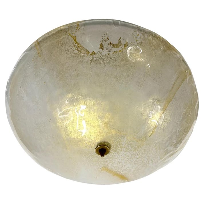 Italian Gold Frosted Crystal Murano Glass Bronze: Round Flush Mount. An Italian Mid-Century Modern style flushmount, entirely handcrafted in Italy, that can also be a pendant with pole and canopy, in crystal Murano glass, The overlaid frosted glass b