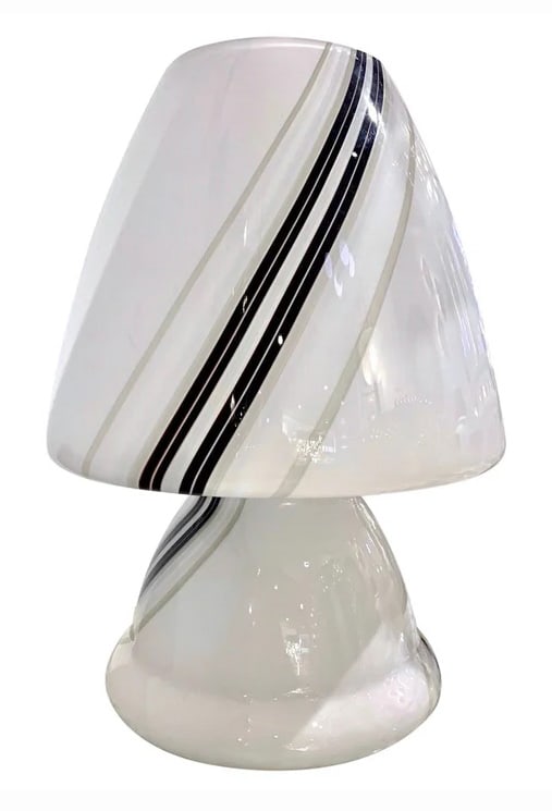 1970s Italian Table Lamp with Black Murrine Attr.: to Vistosi. A delightful mid-20th century modern Italian Design table lamp, attributed to Vistosi, of organic conical mushroom shape, skillfully blown as a whole single piece in white Murano glass art