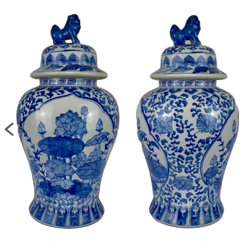 Pr of Chinese Inspired Blue and White Lidded Jars. (1 of 1)