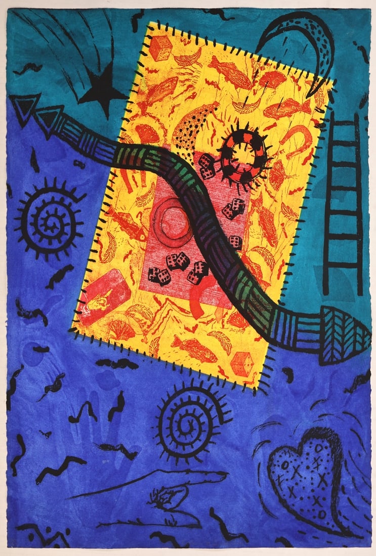 BETYE SAAR (AFRICAN-AMERICAN, B. 1926).: 'Return to Dream Time'. Color intaglio and screen print. Signed, dated, titled, and numbered '52/75' lower middle and margins in pencil. Property from a Westchester County, NY collection. Dimensions:
