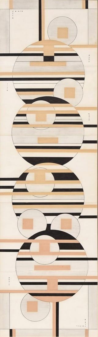SANDU DARIE (ROMANIAN/CUBAN, 1908-1991).: 'Untitled'. (Red, Black, and Grey Circles and Lines). Collage, Ink, graphite on conjoined paper. Signed multiple times. Property of a Greenwich, CT collection. Dimensions: 32.50" h x 9.50" w