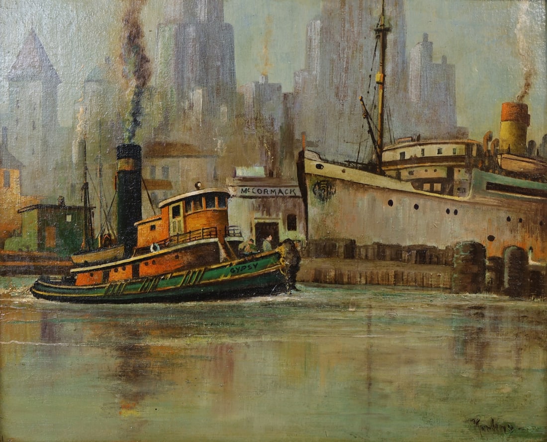MAX KUEHNE (AMERICAN/GERMAN 1880-1968).: 'Westside Piers, NYC'. Oil on canvas board. Signed lower right. Verso: Inscribed title and artist on board in pencil. Provenance: Ruth Sternberg; Doyle New York, American Paintings, Furniture & De