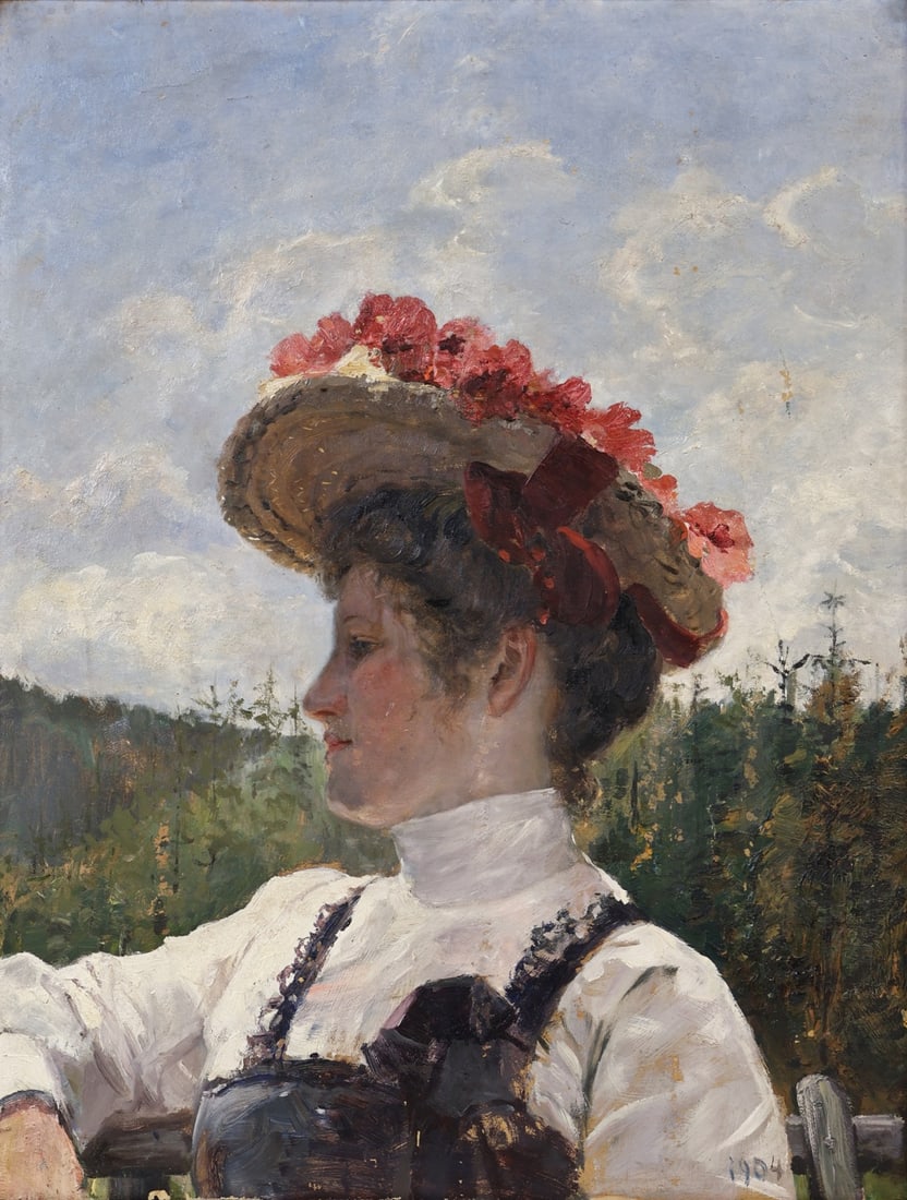 CONTINENTAL SCHOOL (EARLY 20TH CENTURY).: 'Woman in Profile in Landscape'. Oil on cardboard. Apparently unsigned. Dated '1904' lower right. Property from a New Rochelle, NY estate. Dimensions: 22.50" h 17.375" w. Frame: 26 "h x