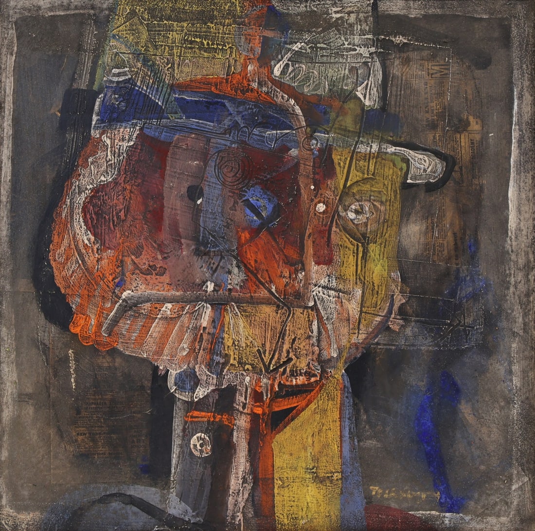 NAHUM TSCHACBASOV (AMERICAN, 1899-1984).: 'Portrait of a New Yorker'. Mixed media on cardboard. Signed lower right. Property of a Wiscasset, ME collection. Dimensions: 19.75" h x 19.75" w. Frame: 22.25" h x 22.25" w.