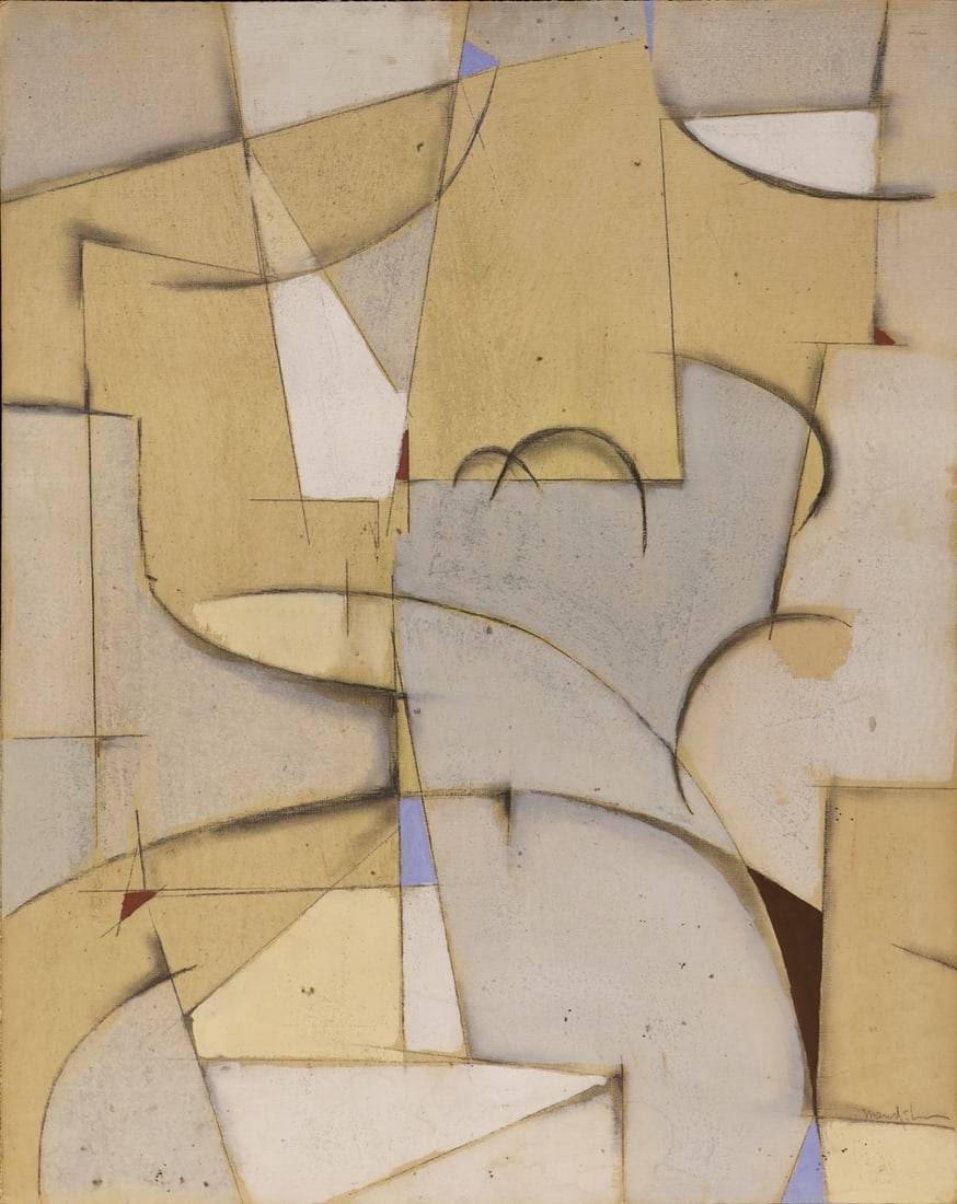 BEATRICE MANDELMAN (AMERICAN 1912-1998).: 'Gray Form'. Circa 1980. Oil and graphite on canvas board. Signed lower right. Provenance: Corporate Collection, Minnesota. Property of a Tarrytown, NY collection. Dimensions: 27.75" h x 22"