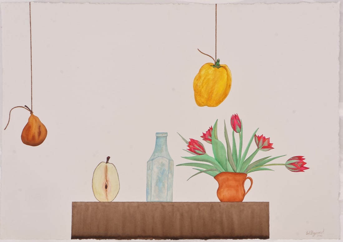 ED BAYNARD (AMERICAN, 1940-2016).: 'Still Life with Pear and Yellow Pepper'. 2002. Watercolor on paper. Signed and dated lower right in pencil. Title lower middle edge in pencil. Property of a Tarrytown, NY collection. Dimensions: 29.7