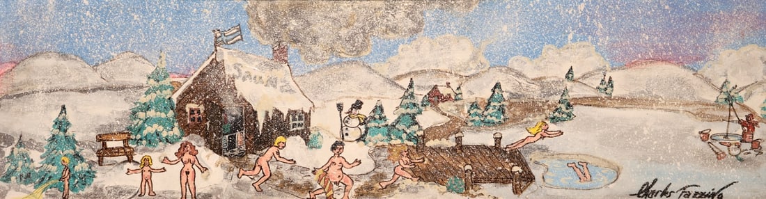 CHARLES FAZZINO (AMERICAN, b. 1955).: 'After the Sauna a Cold Plunge'. 1986. Acrylic on canvas board. Signed lower right. Verso: Signed and dated on the board in black marker. Property of a Rego Park, NY estate. Dimensions: 9" h x 32