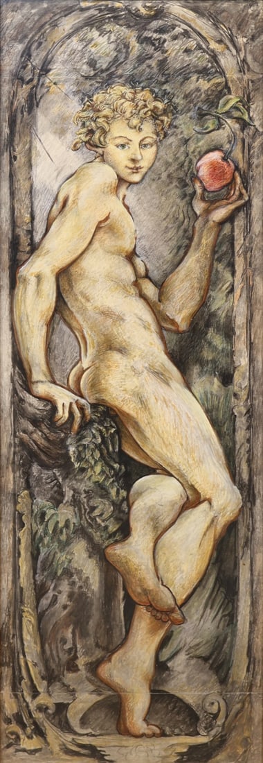 ROBERT LAVIGNE (AMERICAN, 1928-2014).: 'Study for After Parmigianino's Adam'. Mixed media on conjoined sheets of paper. Verso: Signed and artist's inscribed dedication in red pen and graphite on the paper. Note: Robert LaVigne was a painte