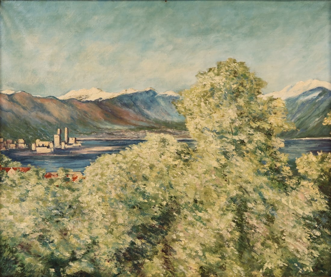 MANNER OF LUCIEN PISSARRO.: Through the Trees to a Lakeside Town'. Oil on canvas. Apparently unsigned. Property of a New Jersey estate. Dimensions: 25.50" h x 30.375" w. Frame: 36.25" h x 41.25" w.