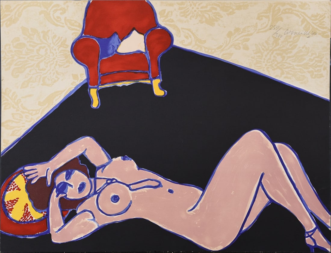 CORNEILLE (DUTCH 1922-2010).: 'Untitled' (Reclining Female Nude with Red Chair). Silkscreen. Signed and numbered '257/300' upper right in pencil. Property of a New Jersey estate. Dimensions: 20" h x 29.75" w. (unframed).