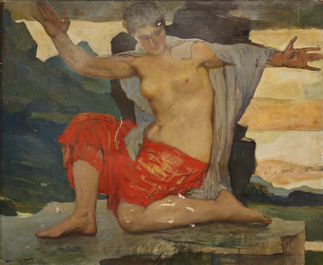 DAVID FORRESTER WILSON (SCOTTISH, 1873-1950).: 'Untitled' (Semi-Nude Woman). Oil on canvas. Signed lower left. Property from a Brooklyn, NY estate. Dimensions: 30" h x 35" w. Frame: 34.50" h x 39.25" w.