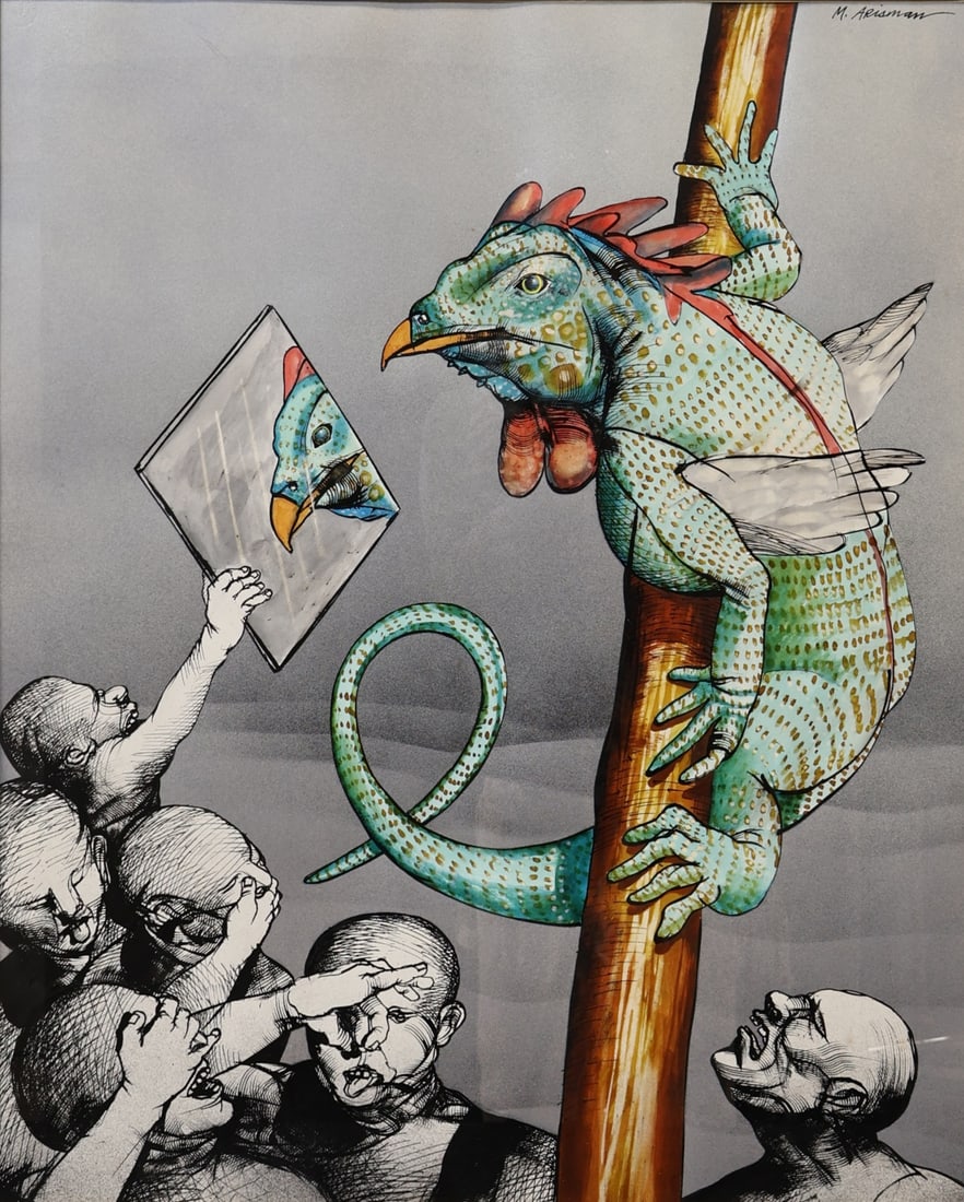 MARSHALL ARISMAN (AMERICAN, 1937-2022).: 'Drawing of the Cockatrice (Or Bisilisk)'. Watercolor and ink on paper. Signed upper right corner. Property of a New Jersey estate. Dimensions: Sight size: 27.75" h x 22.50" w. Frame: 37&quo