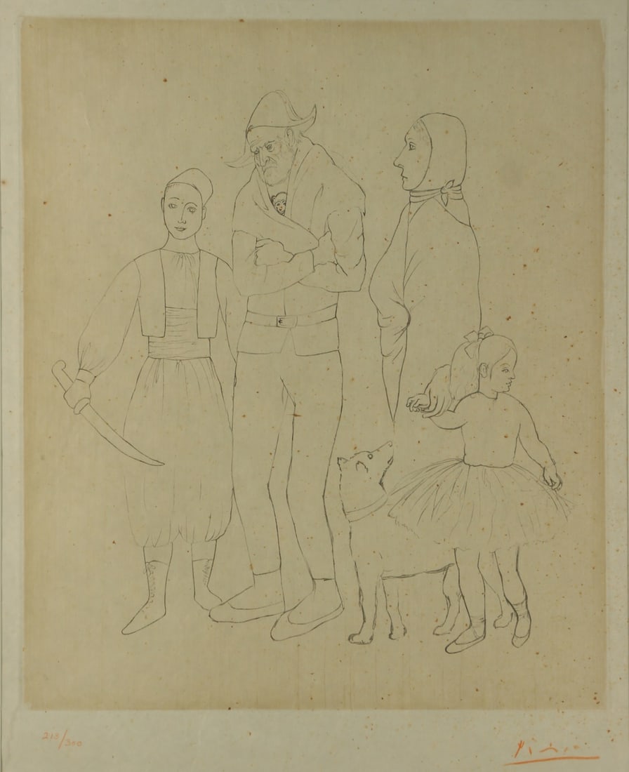 PABLO PICASSO (AFTER) (SPANISH, 1881-1973).: 'Famille des Saltimbanques' (Family of Acrobats). 1950. Soft-ground etching, with Chine colle on Japon paper. Signed and numbered '213/300' lower margins in orange crayon. From a Long Island, NY colle