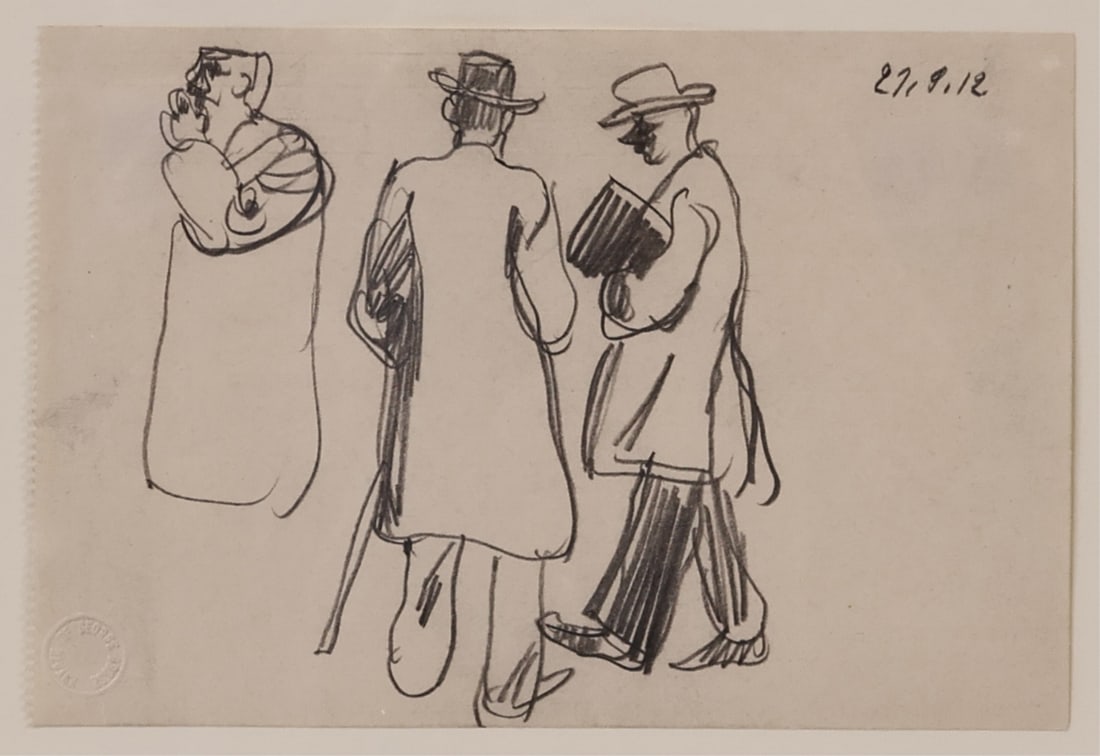 GEORGE GROSZ (GERMAN, 1891/93-1959).: 'Sketch of Three Figures'. 1912. Graphite on a sketchbook paper. Embossed estate stamp lower left corner. Dated upper right corner. Property of a Greenwich, CT collection. Dimensions: 4" h x 6 'w
