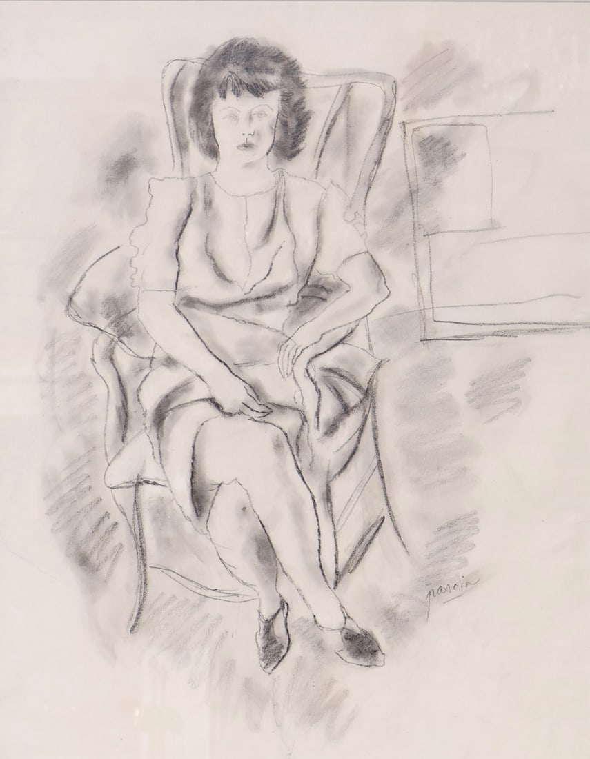 JULES PASCIN (FRENCH, 1885-1930).: 'Woman Sitting in Chair'. Graphite on paper. Signed lower right. Property of a Greenwich, CT collection. Dimensions: Sight size: 23" h x 18" w. Frame: 31.75" h x 26.625" w.