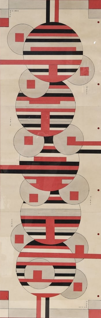 SANDU DARIE (ROMANIAN/CUBAN, 1908-1991).: 'Untitled'. (Circles and Lines With Red Boarder). Circa 1960. Collage, Ink, graphite on conjoined hole punched paper. Signed multiple times. Property of a Greenwich, CT collection. Dimensions: 39.50&q