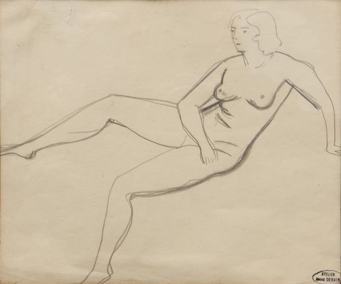 ANDRE DERAIN (FRENCH, 1880-1906).: 'Sketch of a Female Nude'. Pencil on paper. Artist's estate stamp lower right corner. Property of a Manhattan, NYC collection. Dimensions: Sight size: 7.75" h x 9.50" w. Frame: 17.50" h