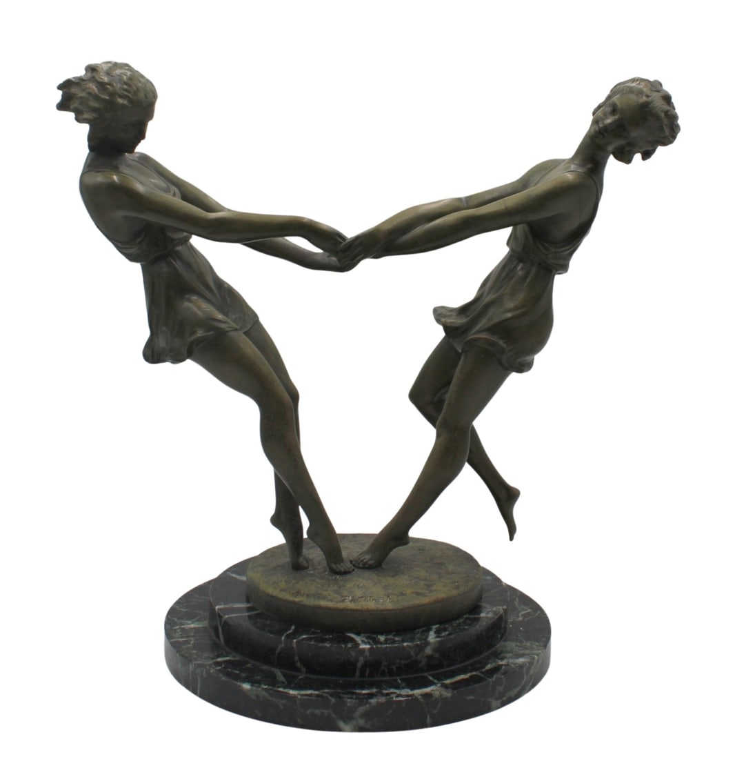 ANDRE GILBERT (19/20th century): Bronze Sculpture Of girls dancing . Raised on marble base and signed . From a NYC estate - Dimensions: 16" x 17"