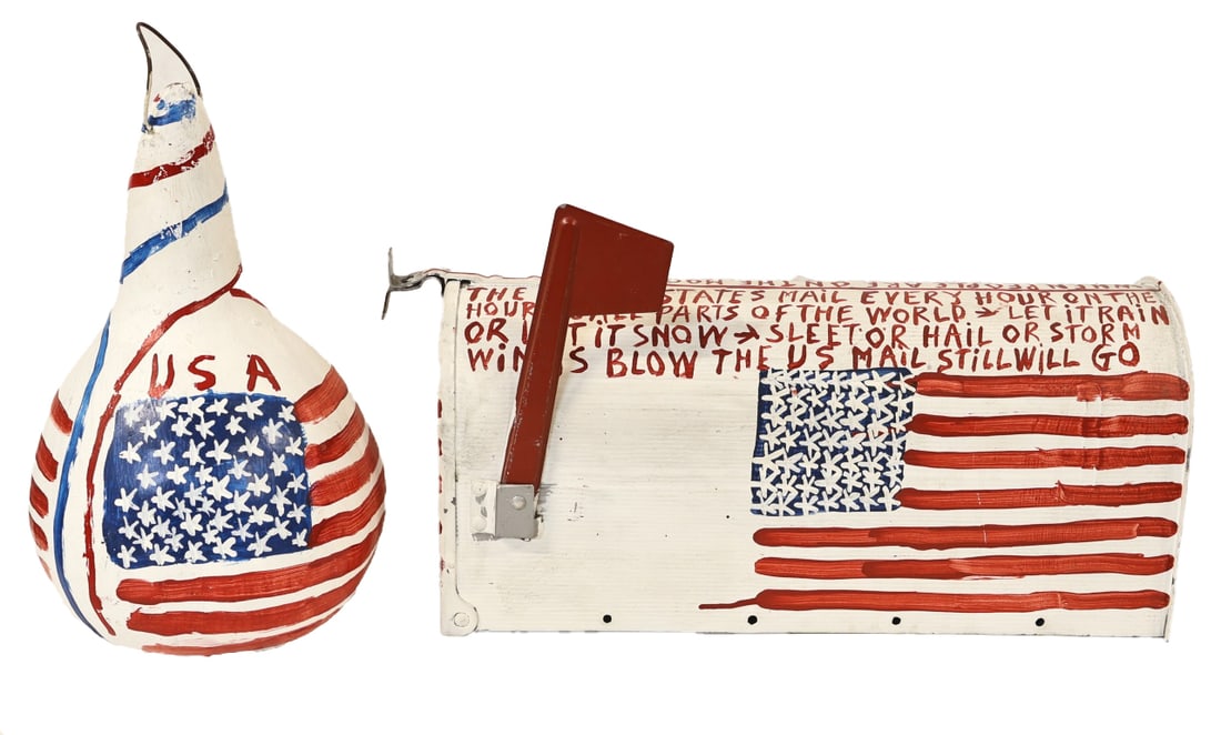 BENJAMIN FRANKLIN PERKINS (AMERICAN, 1904-1993).: Two Items: (i) 'Untitled' (Mailbox). Painted found object. Signed. (ii) ' Untitled' (Gourd). 1992. Painted found object. Signed and dated in blue roller pen on underside. Property of a New Jersey