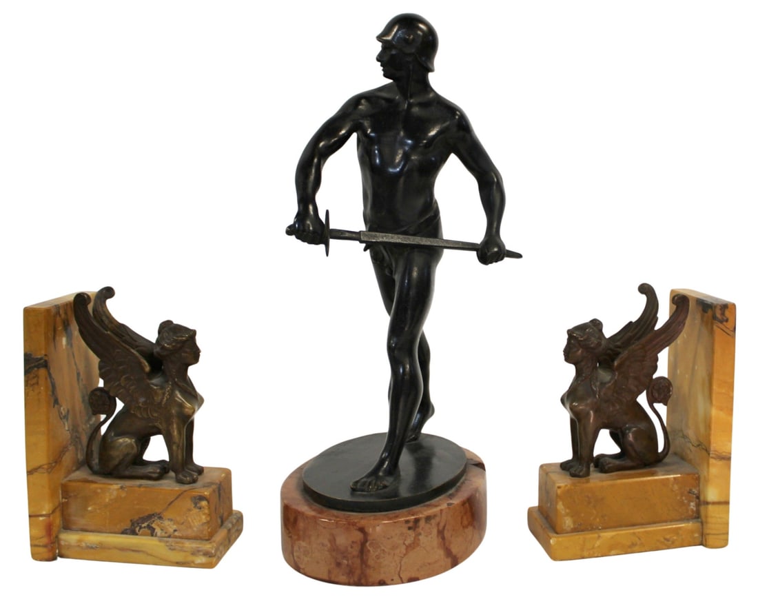 P.LASZLO Bronze Sculpture Together with a: Pair of Book Ends. The P. Laszlo signed and on marble base 13"H. The book ends finely executed bronze Griffins with marble surrounds. Both items with nice original patinas. From a NYC estate.