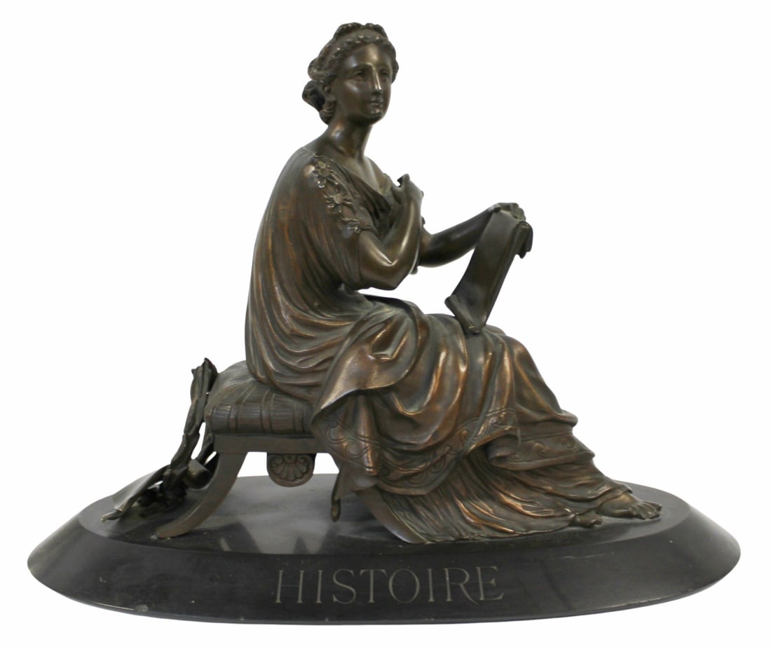T.COULET Signed Bronze of a Classical Lady.: "Histoire" Well executed with nice original brown patina and raised on a stone base. From a NYC estate. - Dimensions: 12"x16"