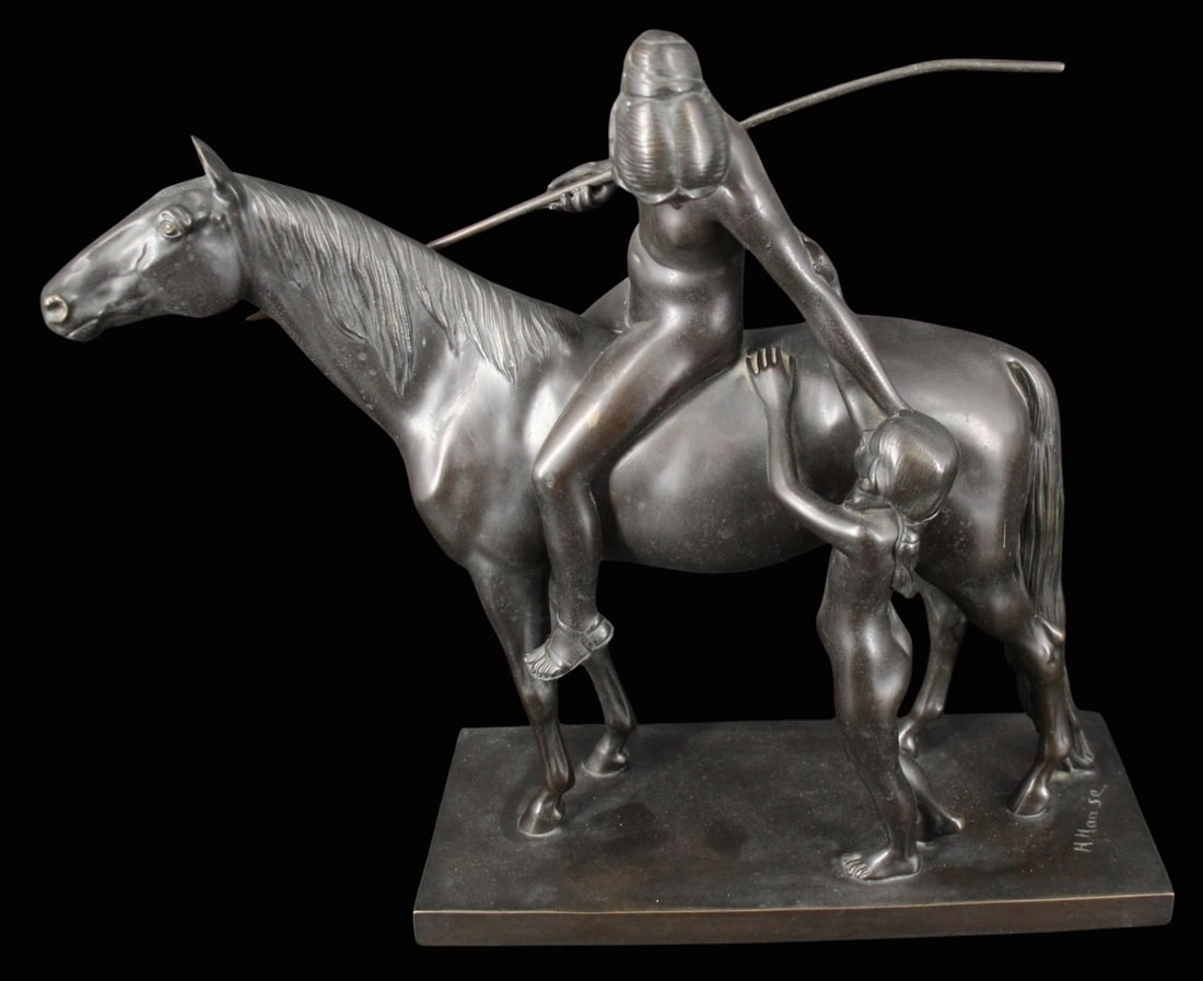 HERMANN HASSE-ILSENBURG (1879-1960, German): Bronze "The Parting of the Amazon". Female warrior, astride a horse, wielding a spear says farewell to a young girl. Signed on the base "H. Haase", foundry mark at rear edge