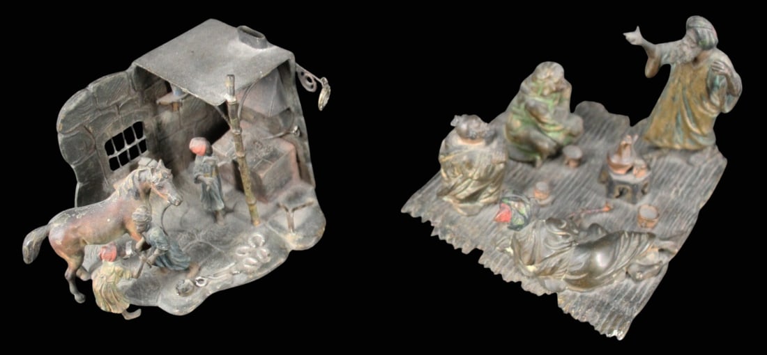 Two Small Austrian Bronzes In The Arabic Taste: 1) a blacksmith's forge, 3 figures engaged in shoeing a horse; 5" x 3.5" x 3.25"; 2) a group of men drinking coffee, 3 seated figures and one standing, 5 7/8" x 4.75" x