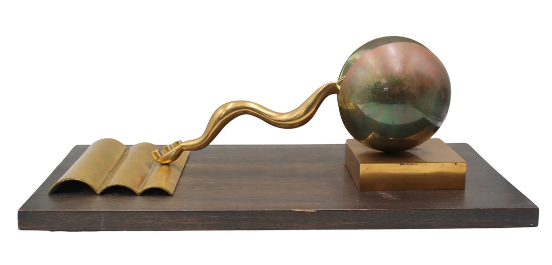 RICHARD FISHMAN (AMERICAN, b. 1941).: 'Terdsichoke'. Bronze on wood base. Property of a Westside, Manhattan, NYC estate. Dimensions: 8" h x 20.75" w x 9 "w. With base: 9.75" h x 25.75" h x 14" d.