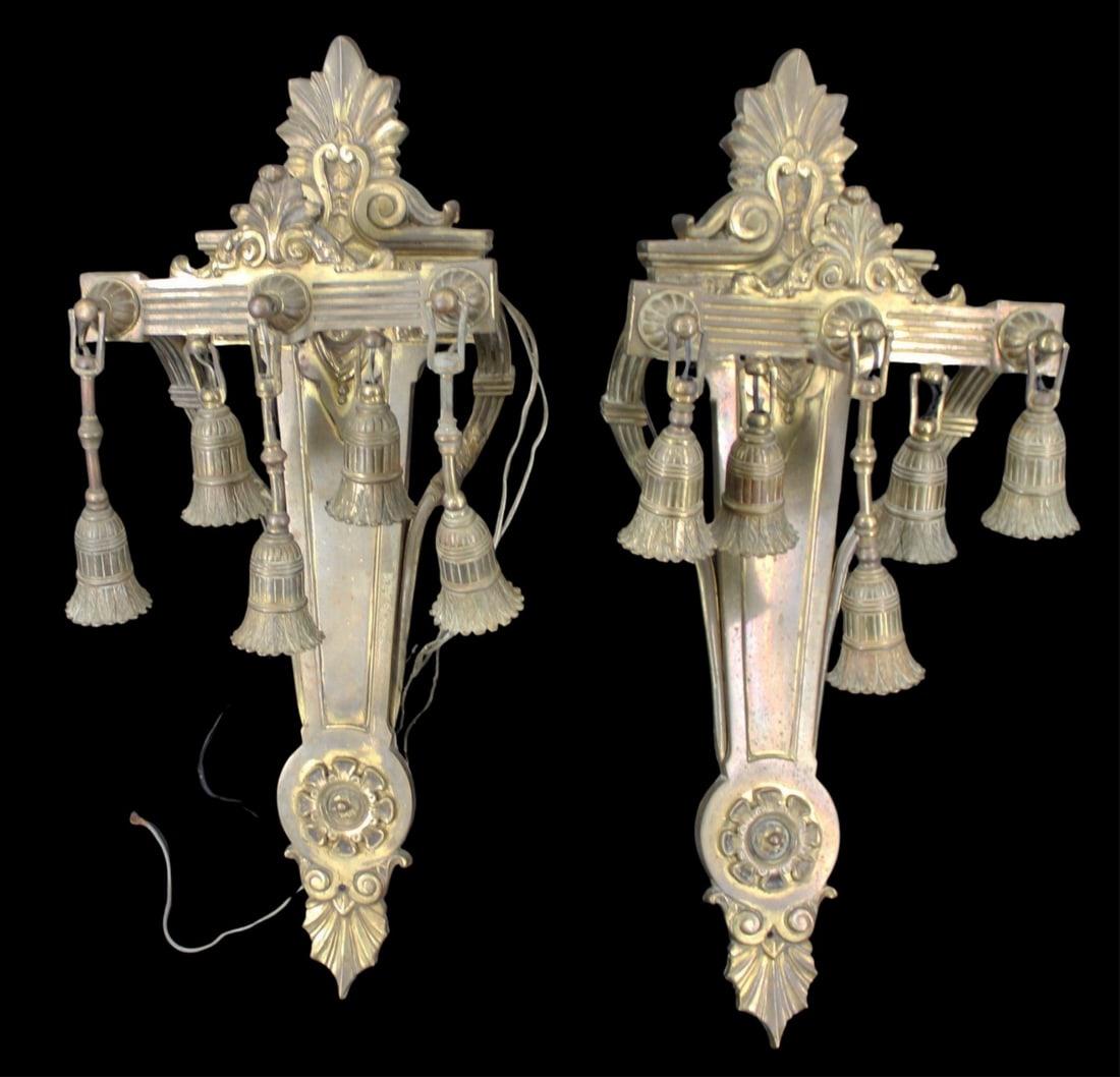A Pair Of 5 Light Bronze Sconces With Heads: A large and impressive pair of antique 5 light sconces with women's heads. From a Brooklyn, NY estate. - Dimensions: 25.5" x 10.25" x 6"