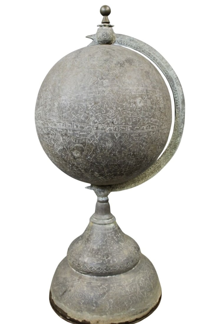 Large Metal Etched Celestial Style Globe: From a New Rochelle NY estate . - Dimensions: 55" x 26" approx