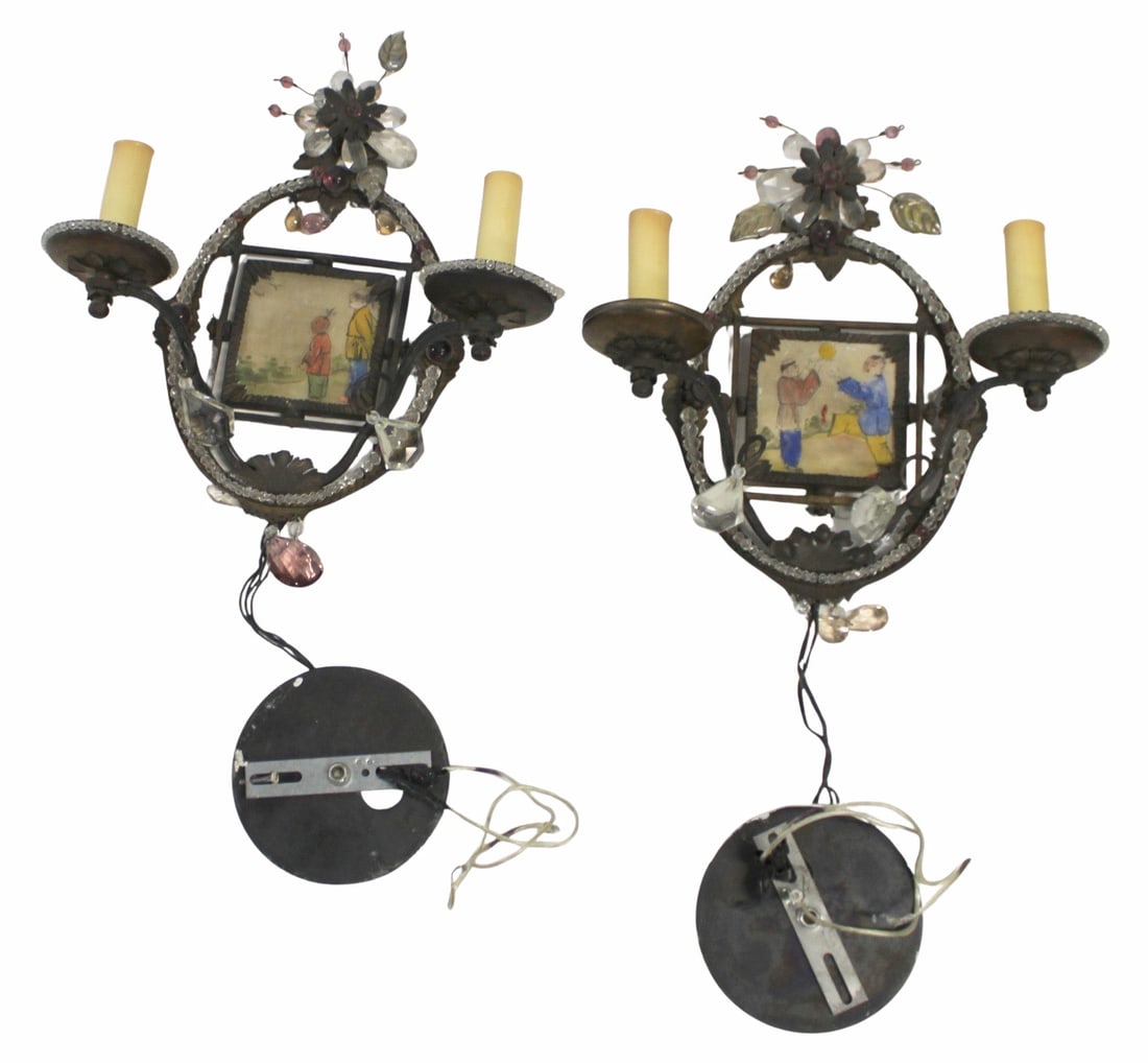 Pair Antique Bronze Beaded Sconces with Export: Porcelain Centers. Super quality, good age and very decorative. From a 740 Park Ave, NYC estate. - Dimensions: 11" x 11"