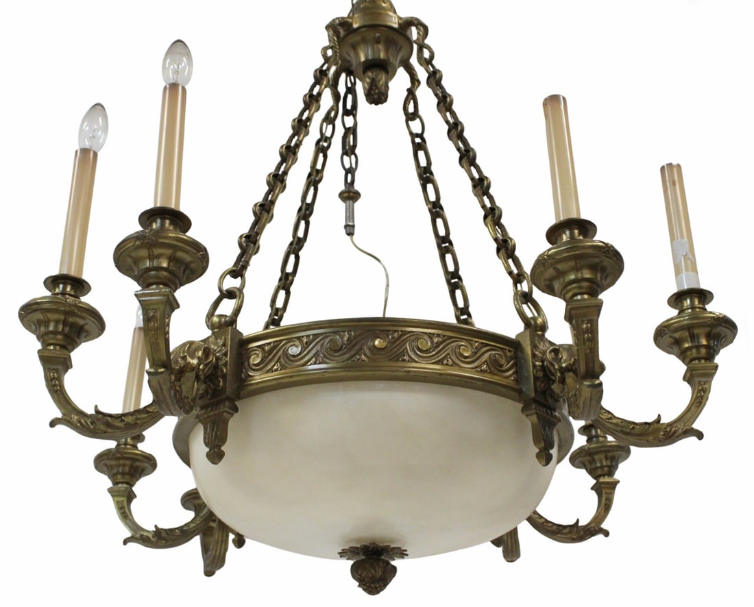 Antique Gilt Bronze 8 Arm Chandelier .: Nice gilt patina and heavy bronze with glass dome . From a Brooklyn NY estate - Dimensions: 33" x 30"