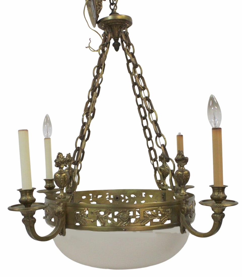 Antique Bronze Chandelier with Etched Glass Bowl.: Great quality , heavy bronze with large star etched bowl . From a Brooklyn NY estate . - Dimensions: 28"x28"