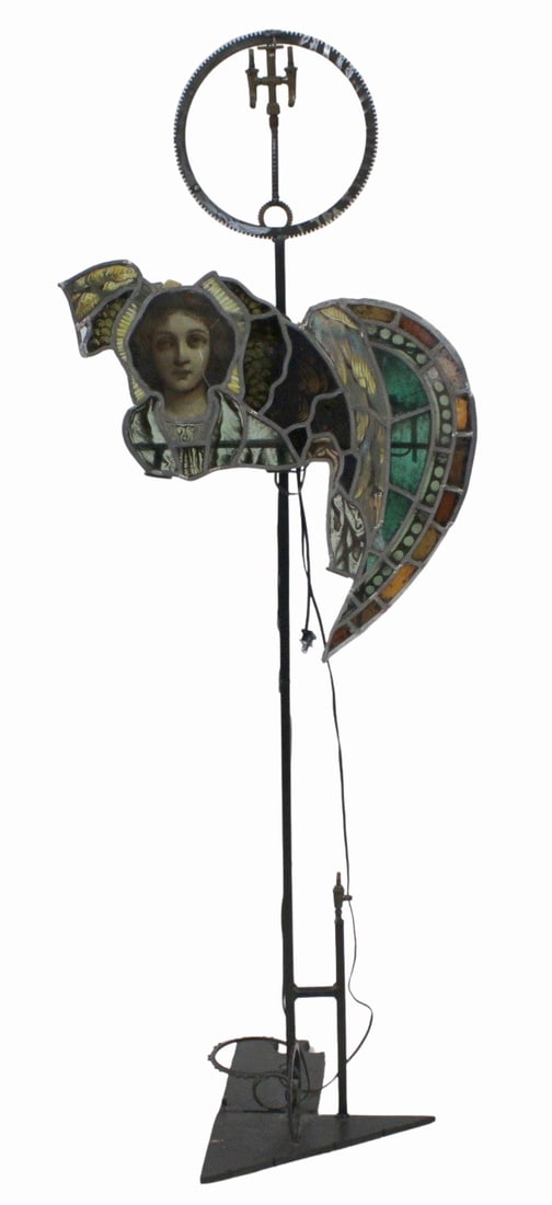Folk Art Glass Floor Lamp w/ Stained Glass Shade.: From a Westchester, NY estate. - Dimensions: 69" x 26"