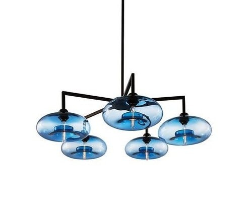 NICHE MODERN Custom Quill Chandelier: Matte black metal frame with 5 Saphire Aurora glass shades . From a New Rochelle NY estate . - Dimensions: 35" x 8" approx