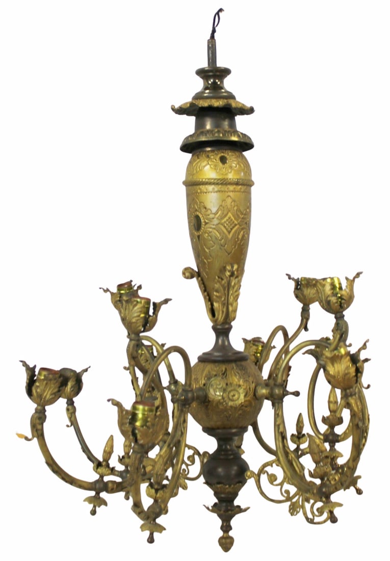12 Light Brass Chandelier Gas Conversion (?): An ornate 12 light chandelier, likely a gas conversion. From a Brooklyn, NY estate.