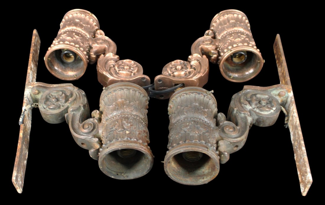 Two Pair of Up Down Elevator Sconces No Glass: One pair in original / untouched finish, one pair in polished finish. These are sconces which would hold "up / down" indicator globes for a elevator car. By consignor providence, perhaps fro