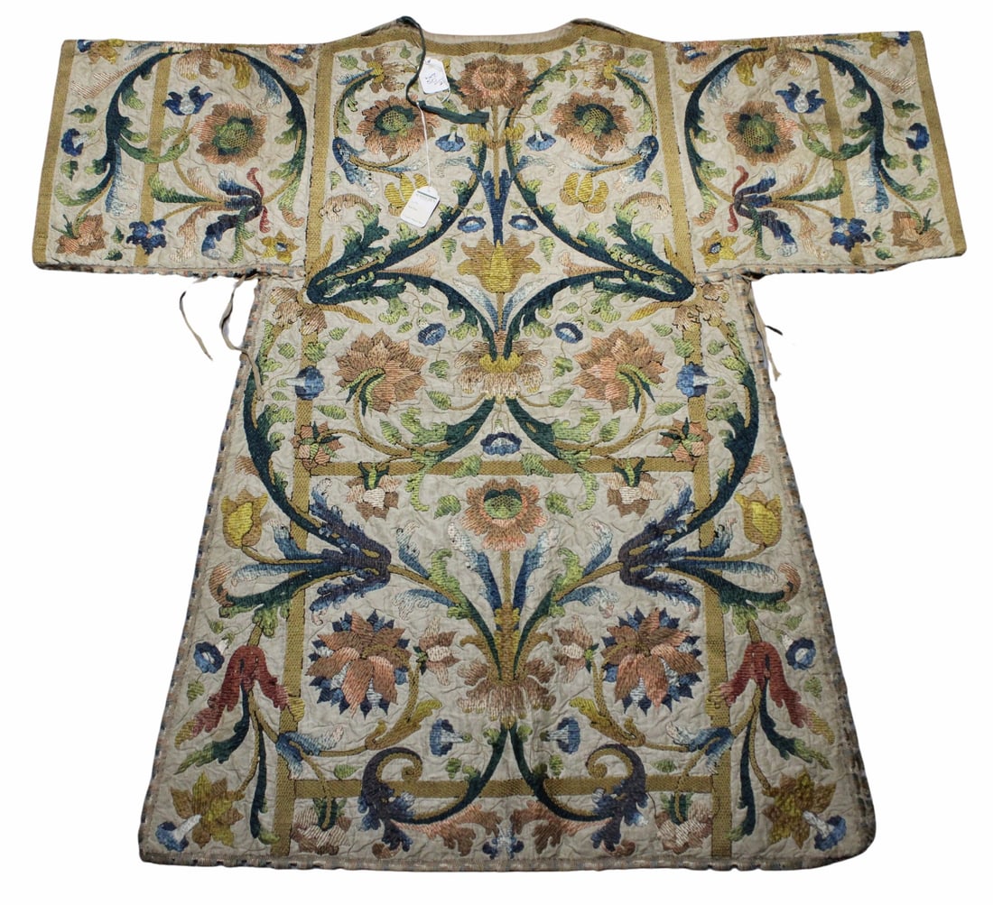 Ex-Sotheby's Floral Silk Embroidered Chasuble or: Ecclesiastical Robe. From a Stamford, CT estate. Dimensions: approx. 44" from sleeve hem to sleeve hem; approx. 49" from neck to bottom hem; approx. 29" from armpit to bottom hem.