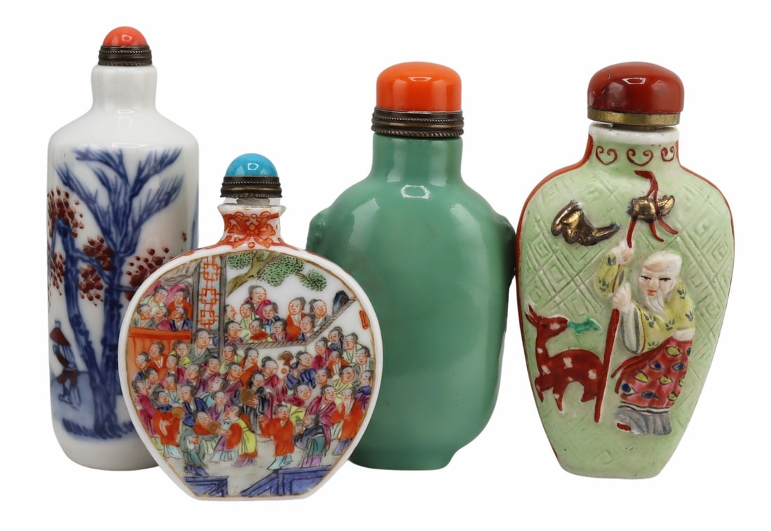 (4) Assorted Chinese Snuff Bottles.: From a Manhattan, NY estate. Dimensions: landscape snuff bottle measures approx. 3.25" h excluding stopper.