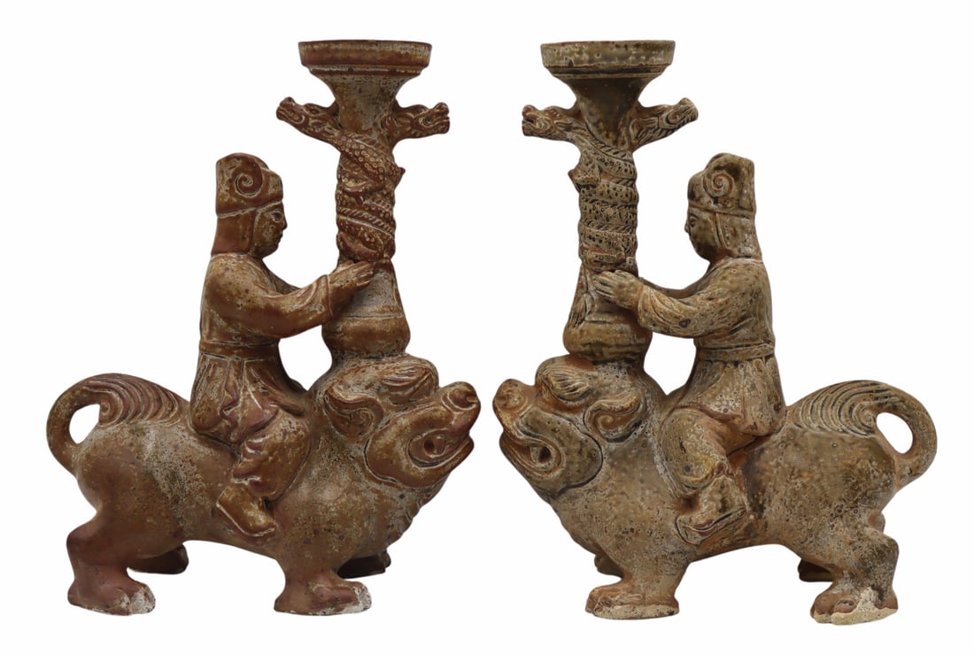 Ex-Kang's Antiques Pr of Chinese Candlesticks.: With written provenance to the underside stating, "These horse and riders were purchased in 1994 from Christopher Chin at Kang's Antiques on East 87th St, New York City. They were made in 417