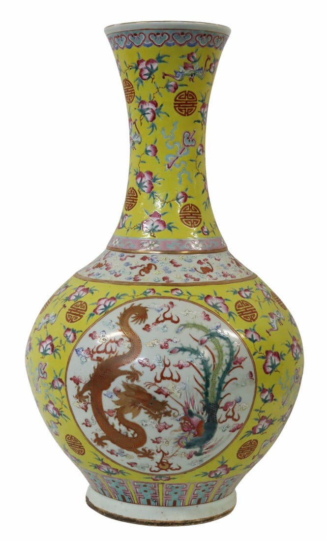 19th C Large Chinese Dragon and Phoenix Vase.: With Qianlong mark to the underside. From a White Plains, NY estate. Dimensions: vase measures approx. 26" h .