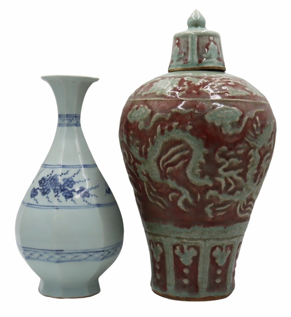 (2) Antique Chinese Ceramics.: Includes a Chinese copper red decorated Celadon glazed vase with cover; and a Chinese blue and white octagonal vase decorated with flora. From a White Plains, NY estate. Dimensions: blue and white