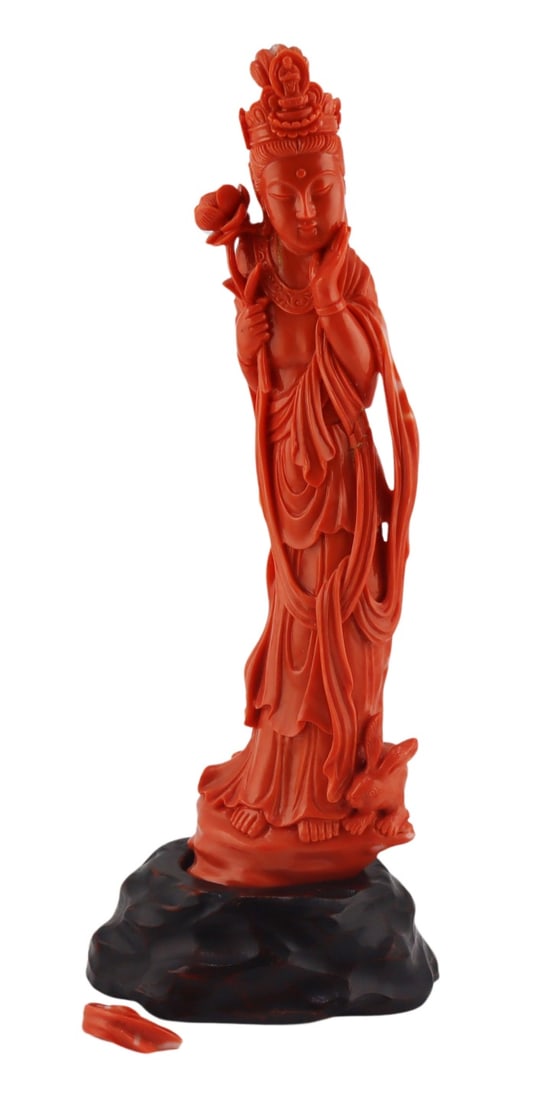 Signed Chinese Carved Coral Standing QuanYin with: Rabbit. Signed Chinese carved coral standing figure of a QuanYin holding a flower in one hand and with a rabbit nestled at her feet. With a signature to the underside. Accompanied by a fitted carved
